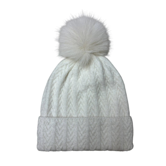 Fashion Bobble Hat | Chevron Cable Knit Pom-Pom Design – Cream