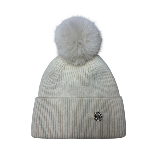 Fashion Bobble Hat | Ribbed Knit Crystal M Pom-Pom Design – Cream