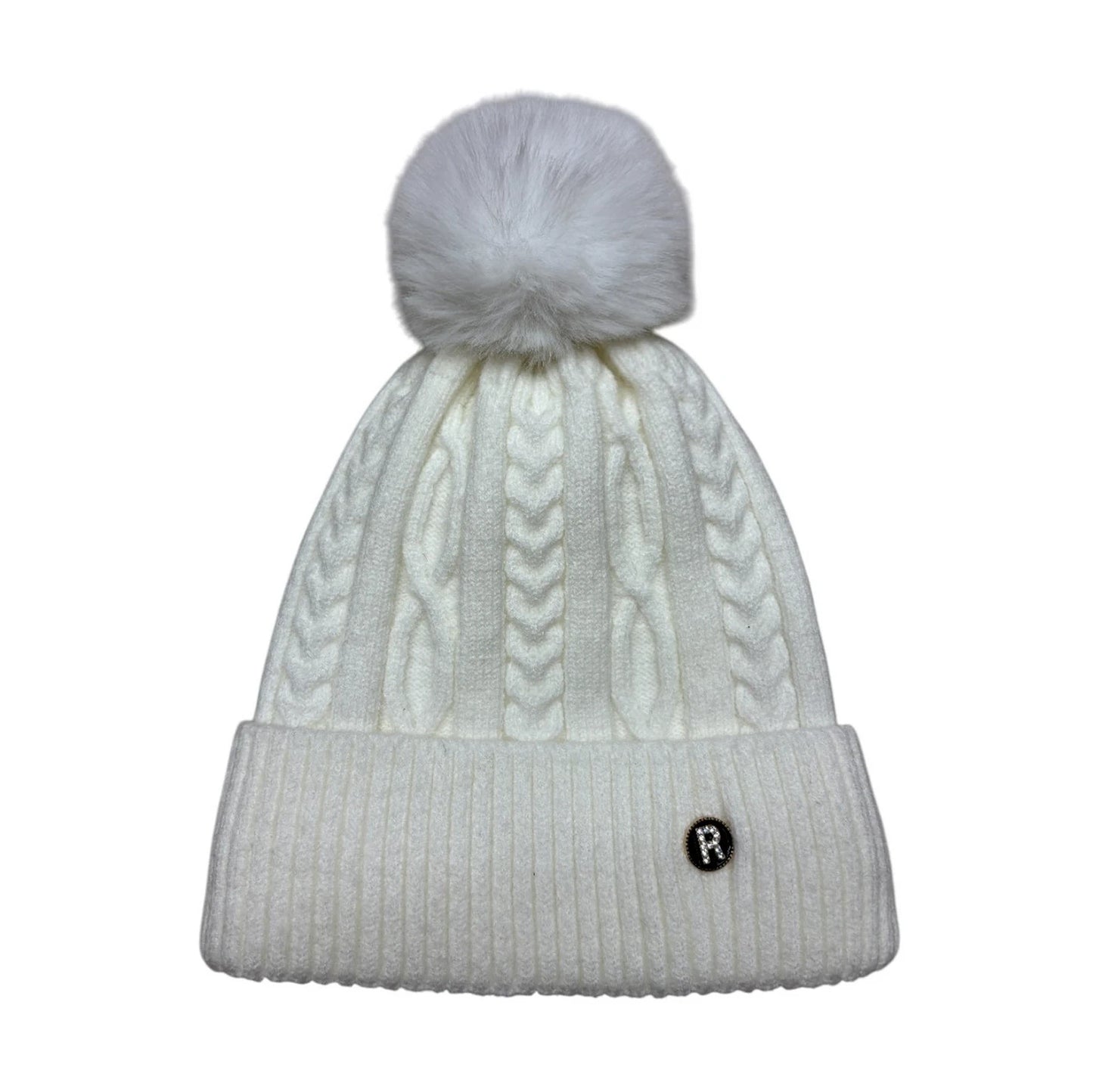 Fashion Bobble Hat | Cable Knit Logo Pom-Pom Beanie – Cream