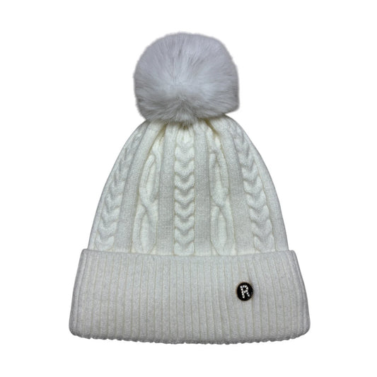 Fashion Bobble Hat | Cable Knit Logo Pom-Pom Beanie – Cream