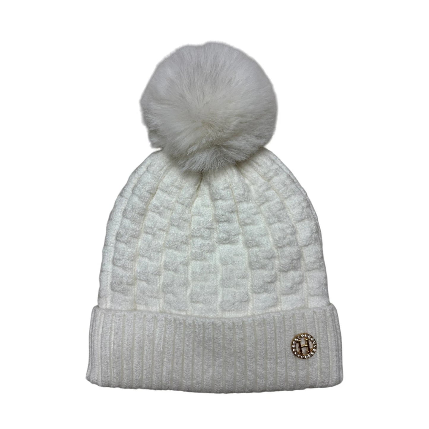 Fashion Bobble Hat | Waffle Knit Crystal Pom-Pom Style – Cream