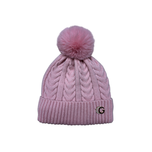 IGO2507513 Rhinestone Letter Logo Cable Knit Fashion Bobble Hat