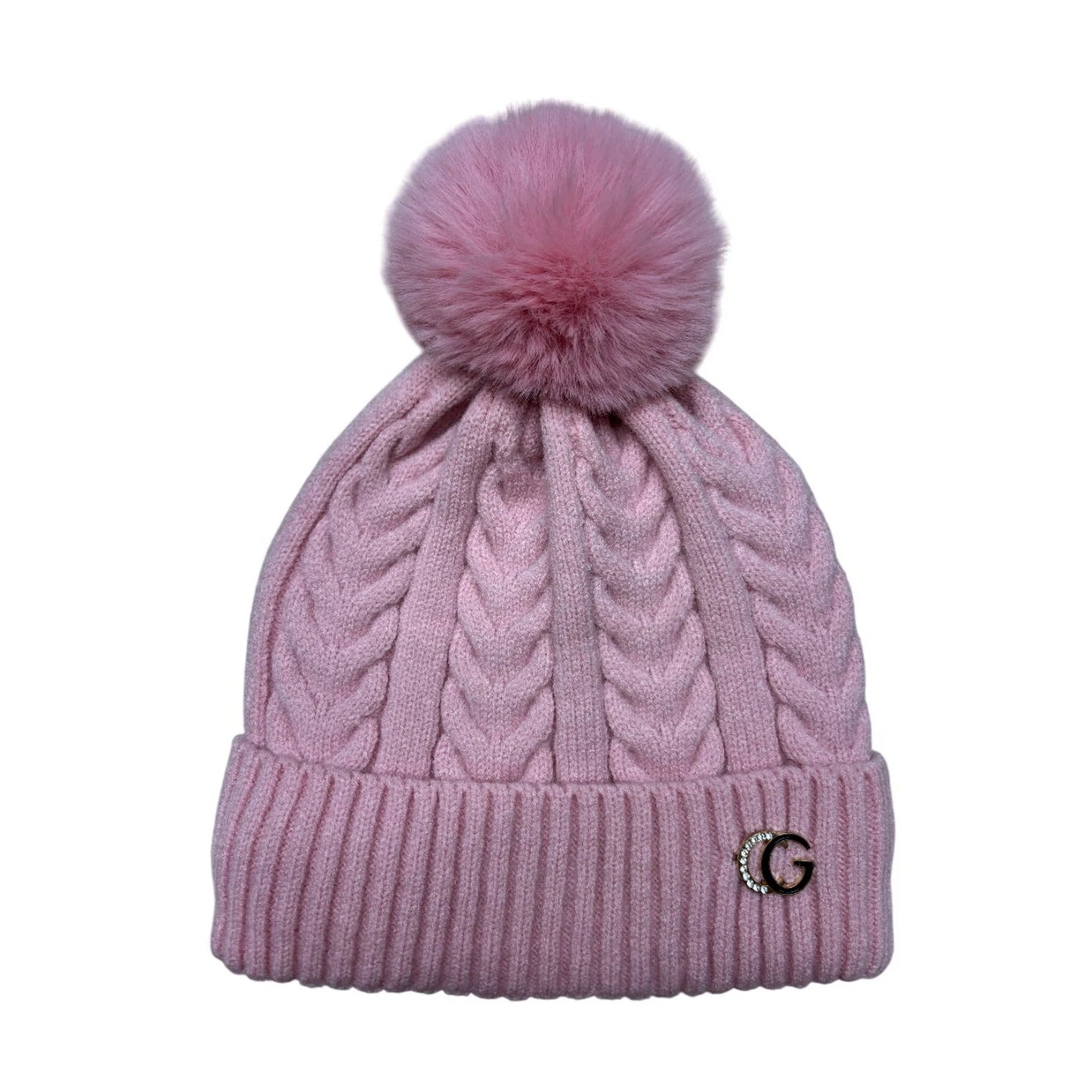 Fashion Bobble Hat | Cable Knit Crystal Pom-Pom Style – Blush Pink