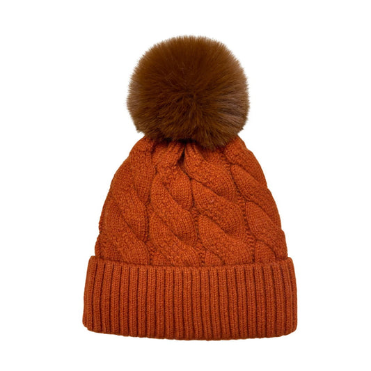 Fashion Bobble Hat | Chunky Cable Knit Pom-Pom Style – Rust Orange