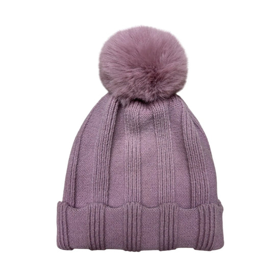 Fashion Bobble Hat | Vertical Rib Knit Pom-Pom Style – Dusty Lavender