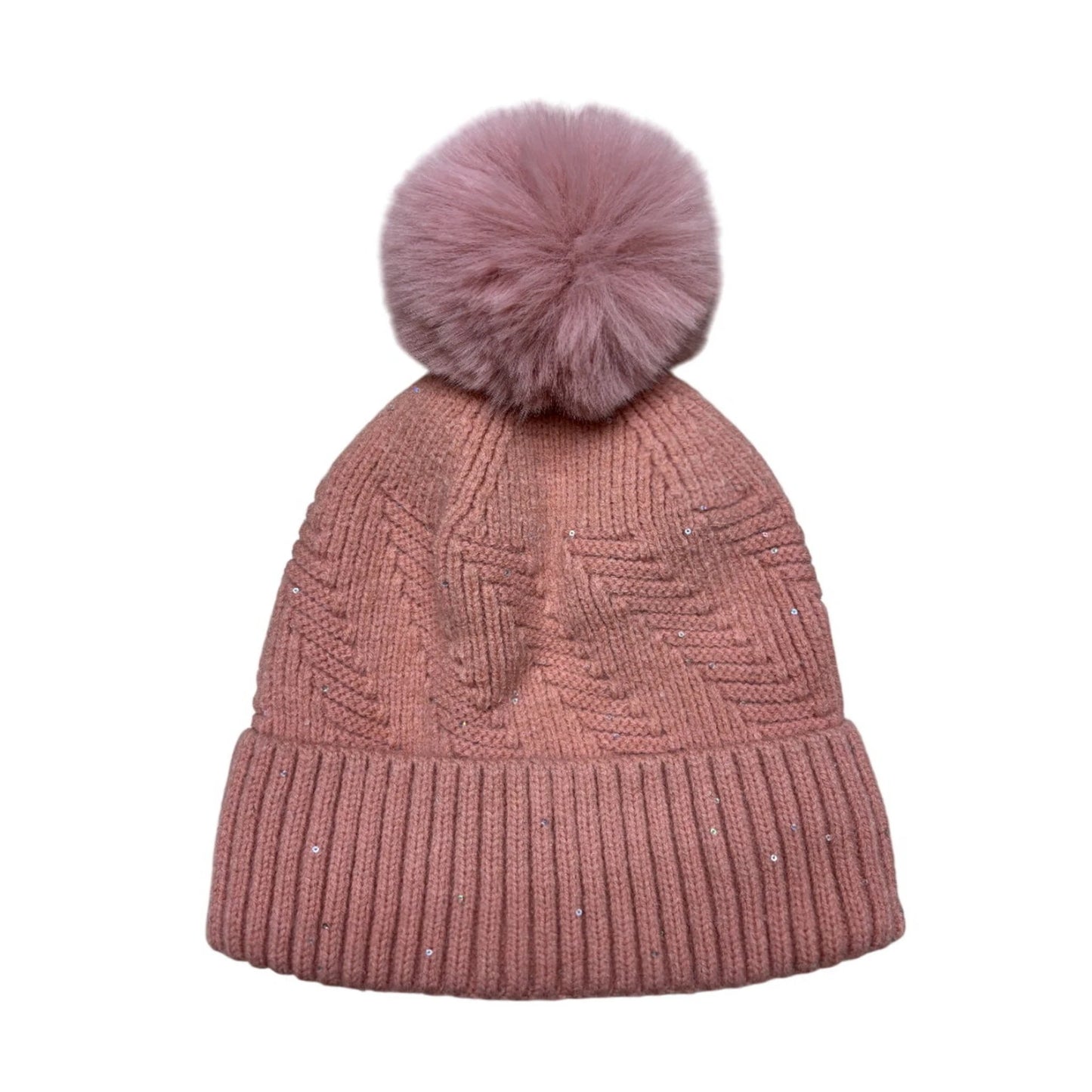 Fashion Bobble Hat | Chevron Knit Sequin-Embellished Pom-Pom Design – Pink