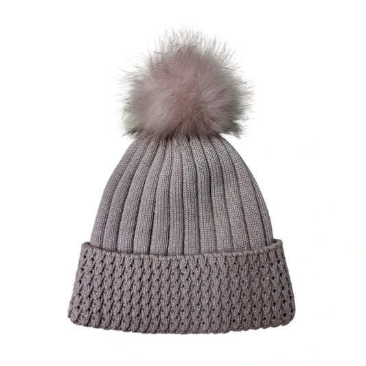Fashion Bobble Hat | Metallic Rib Knit Openwork Cuff Pom-Pom Design – Dusty Pink