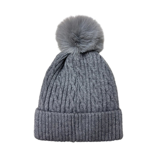 Fashion Bobble Hat | Chunky Cable Knit Pom-Pom Style – Grey
