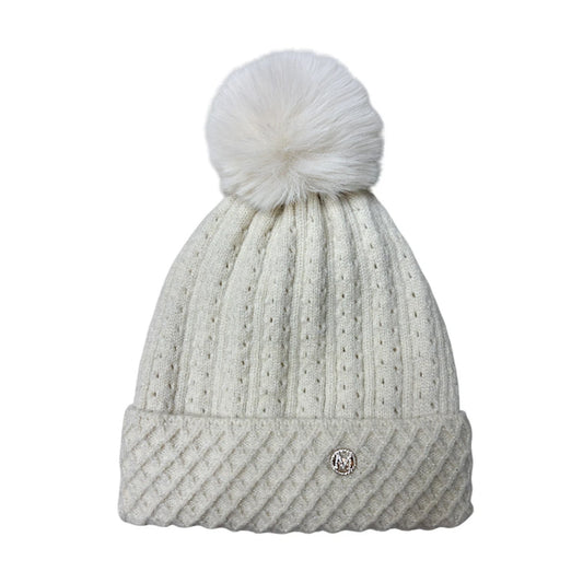 Fashion Bobble Hat | Openwork Knit Crystal-Embellished Pom-Pom Design – Cream