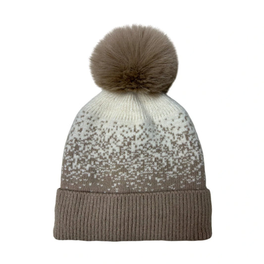 Fashion Bobble Hat | Fair Isle Ombre Knit Pom-Pom Design – Taupe & Cream