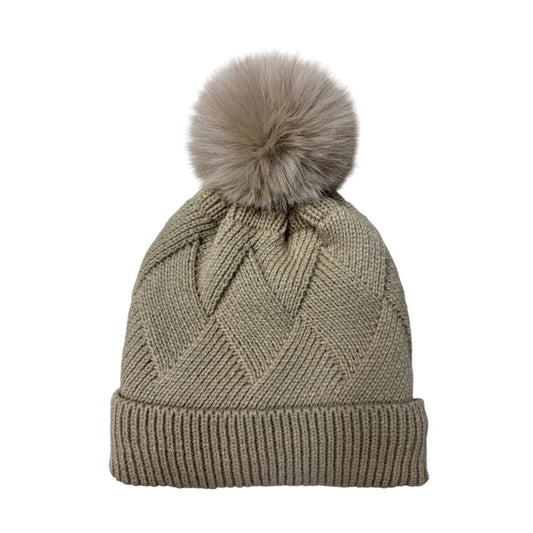Fashion Bobble Hat | Chevron Cable Knit Pom-Pom Design – Light Brown