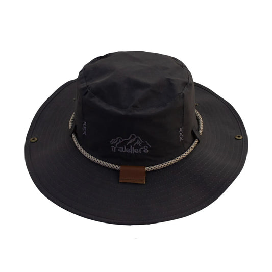 Aussie Hat | Braided Rope Band with Leather Detail & Embroidery – Black