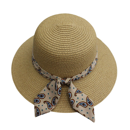 Short Brim Straw Hat | Paisley Ribbon Bow – Natural