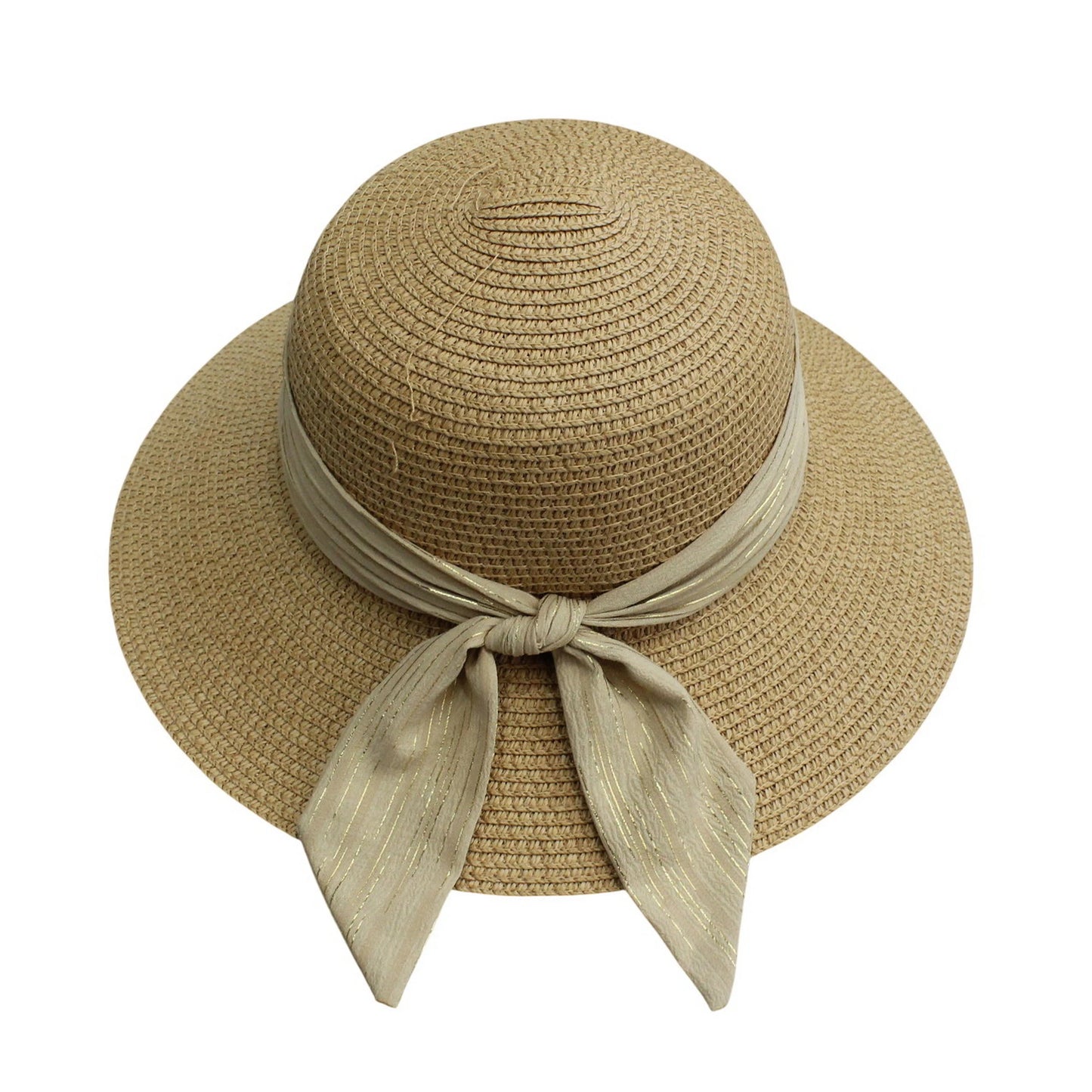 Short Brim Straw Hat | Metallic Ribbon Bow – Natural