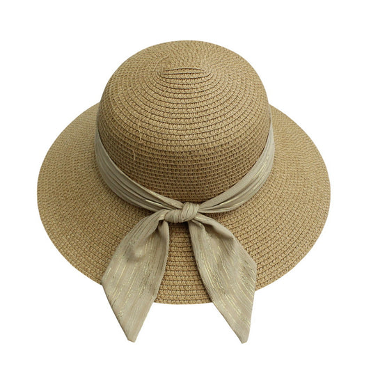Short Brim Straw Hat | Metallic Ribbon Bow – Natural