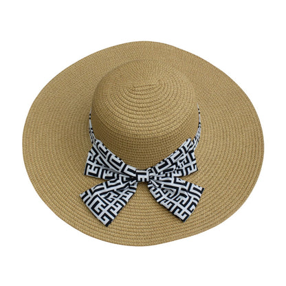 Wide Brim Straw Hat | Geometric Bow Detail – Natural