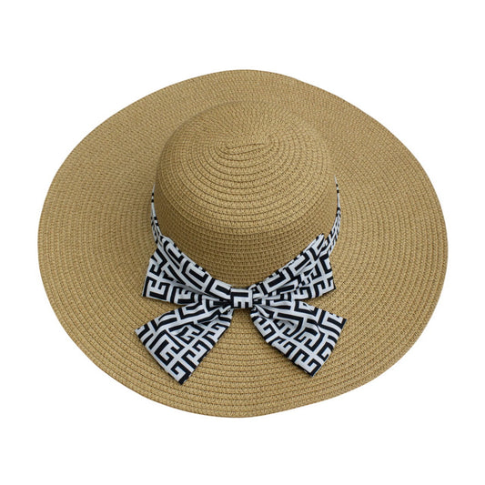 Wide Brim Straw Hat | Geometric Bow Detail – Natural