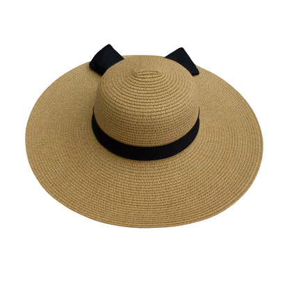 Wide Brim Straw Hat | Zebra Print Double Bow Detail – Natural