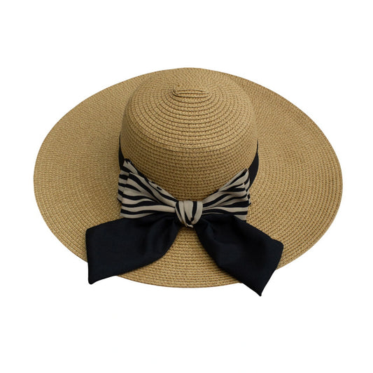 Wide Brim Straw Hat | Zebra Print Double Bow Detail – Natural