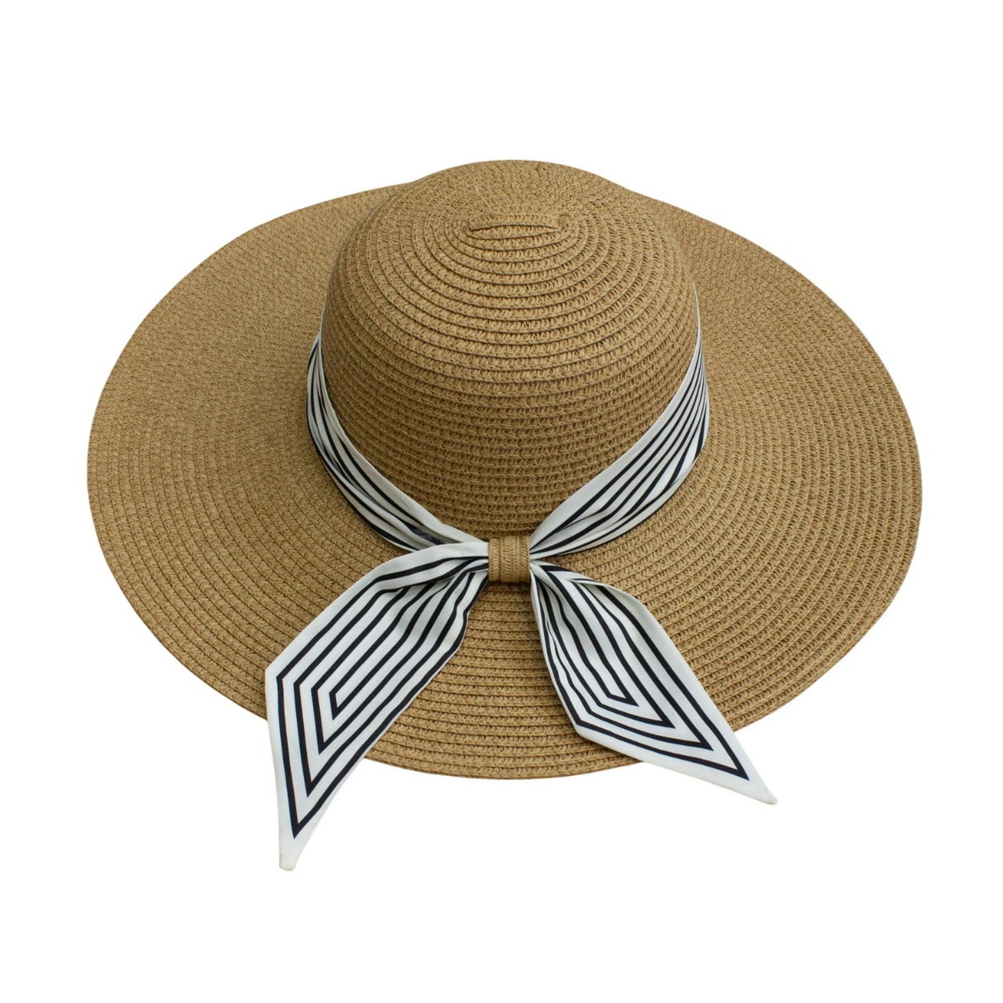 Wide Brim Straw Hat | Striped Satin Scarf Detail – Natural
