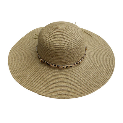 Wide Brim Straw Hat | Leopard Print Metal Chain Detail – Natural
