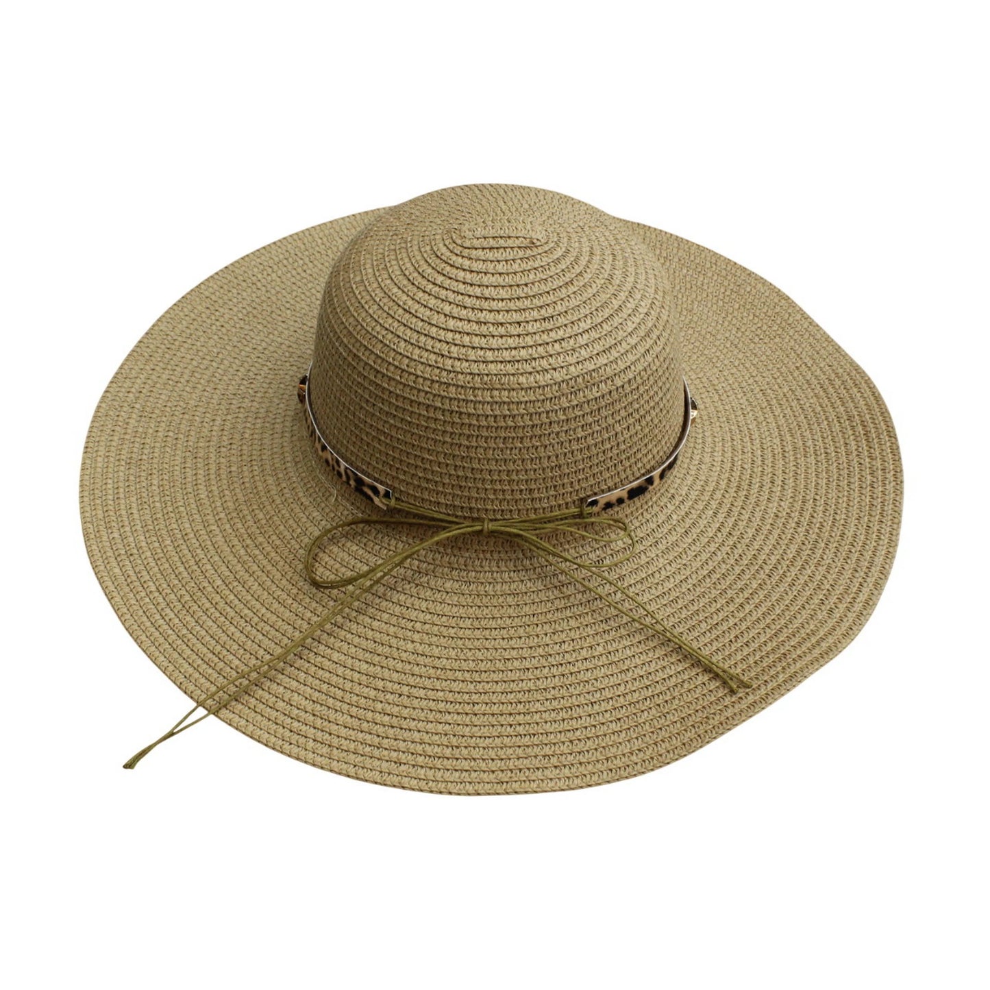 Wide Brim Straw Hat | Leopard Print Metal Chain Detail – Natural
