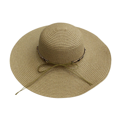 Wide Brim Straw Hat | Leopard Print Metal Chain Detail – Natural