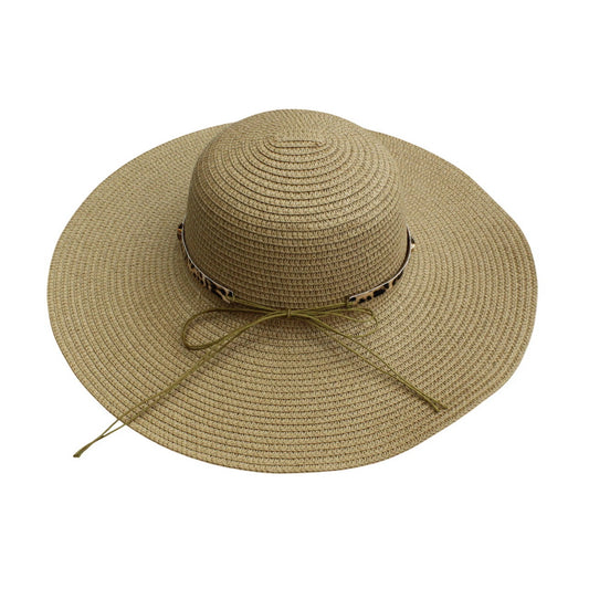 Wide Brim Straw Hat | Leopard Print Metal Chain Detail – Natural