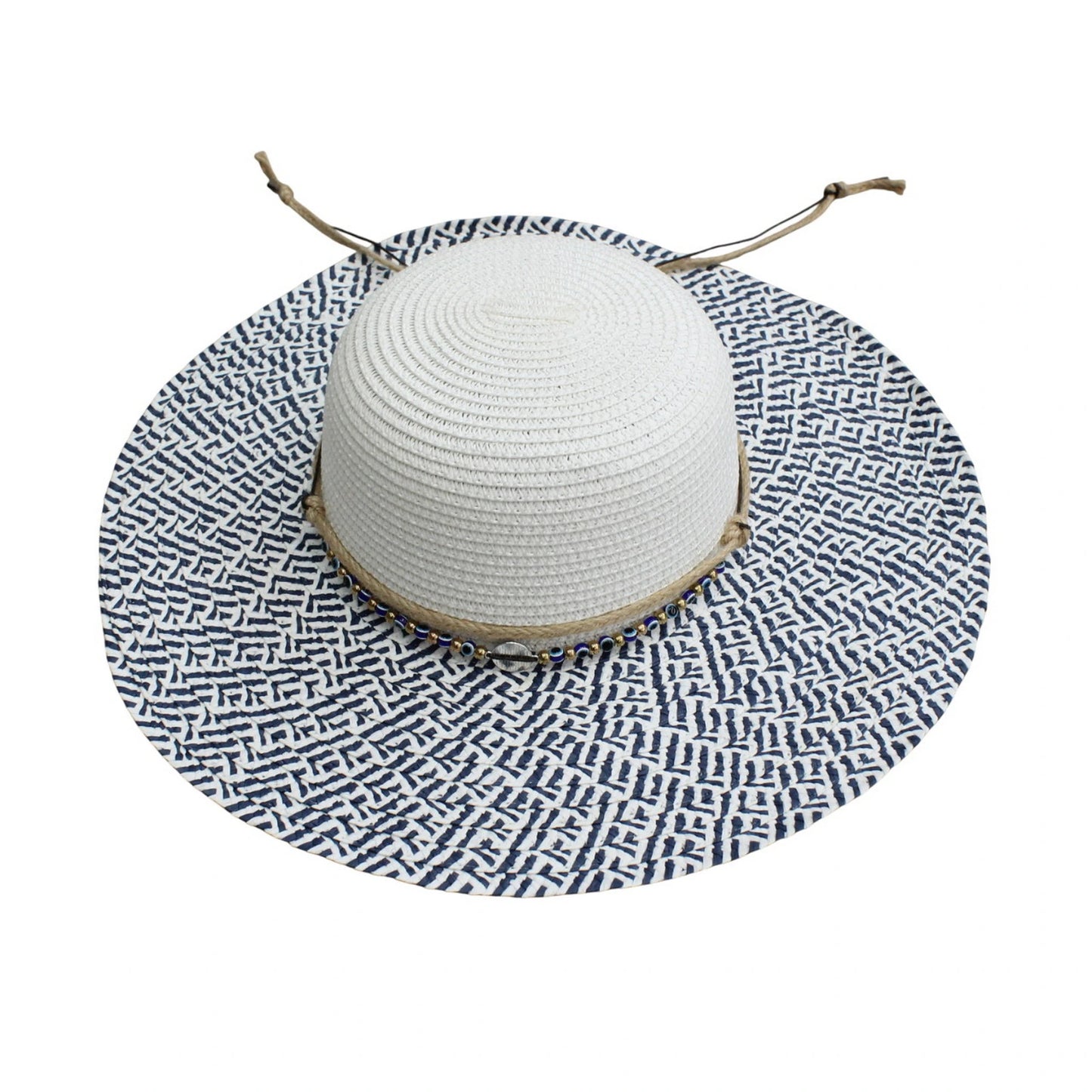 Wide Brim Straw Hat | Geometric Print Brim & Beaded Rope Detail – White & Navy