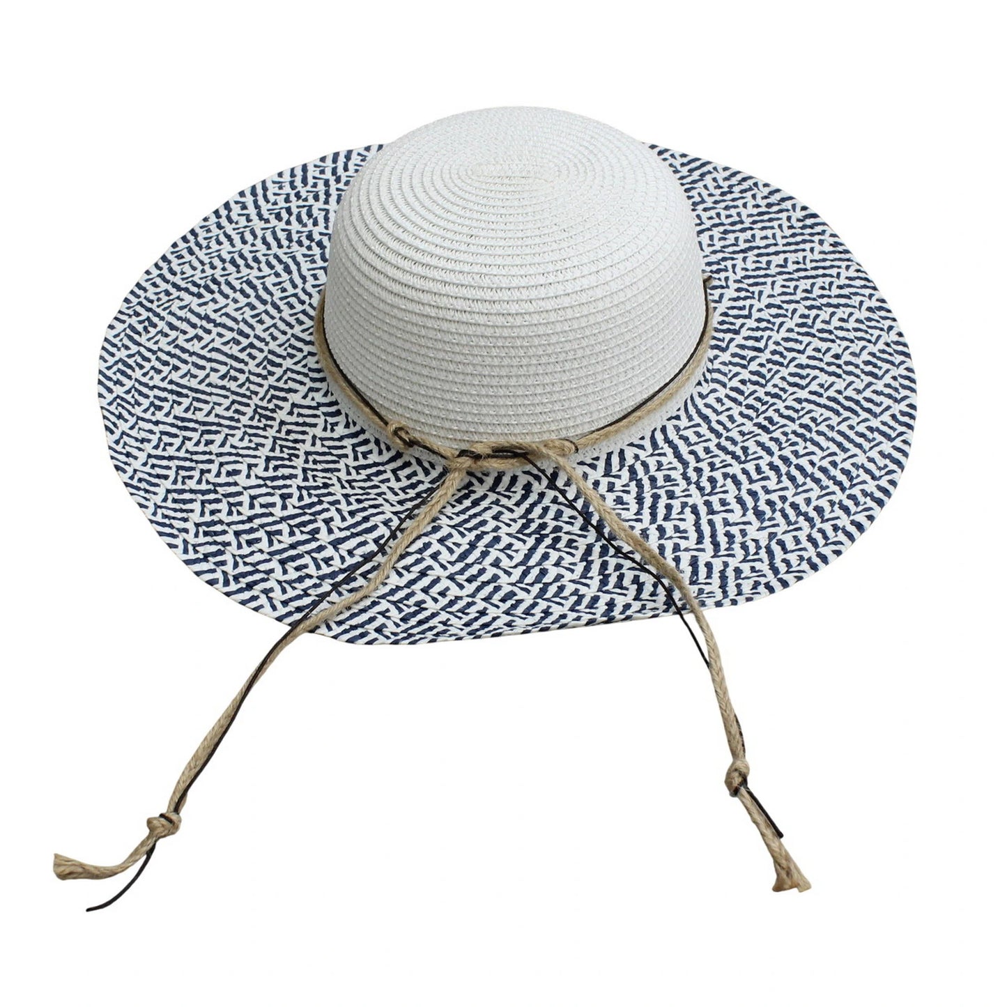 Wide Brim Straw Hat | Geometric Print Brim & Beaded Rope Detail – White & Navy