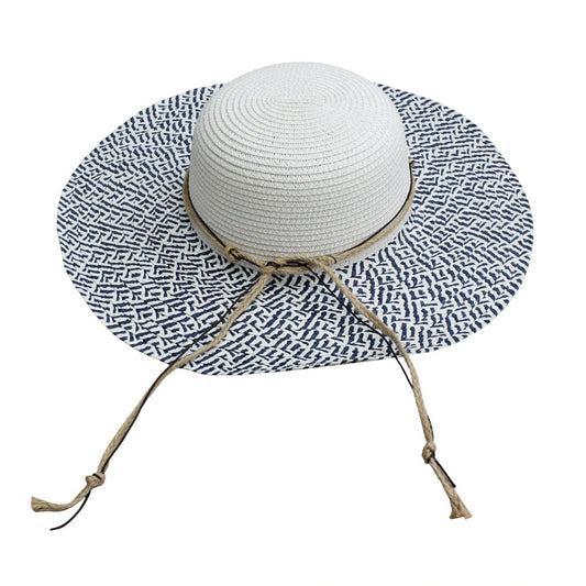 Wide Brim Straw Hat | Geometric Print Brim & Beaded Rope Detail – White & Navy