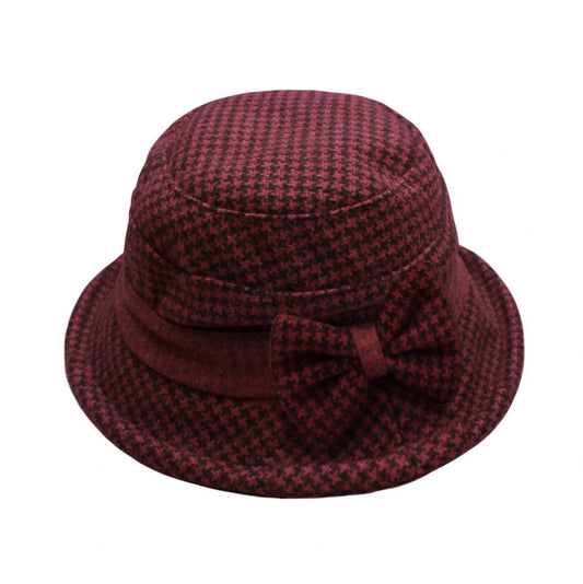 Fashion Hat | Houndstooth Pattern with Side Bow – Red