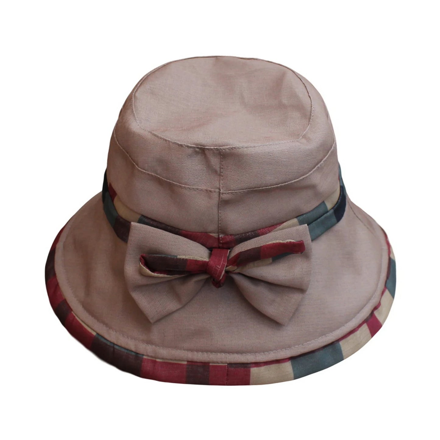 Fashion Hat | Plaid Trim with Large Bow – Beige
