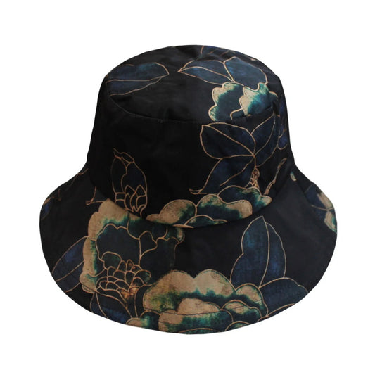 Cotton Hat | Peony Floral Print with Gold Outline – Black