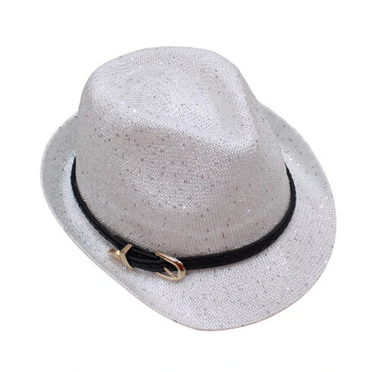 Straw Trilby Hat | Silver Glitter with Black Band and Gold Buckle – White