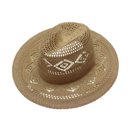Straw Fedora Hat | Crochet Lace Openwork Design – Beige