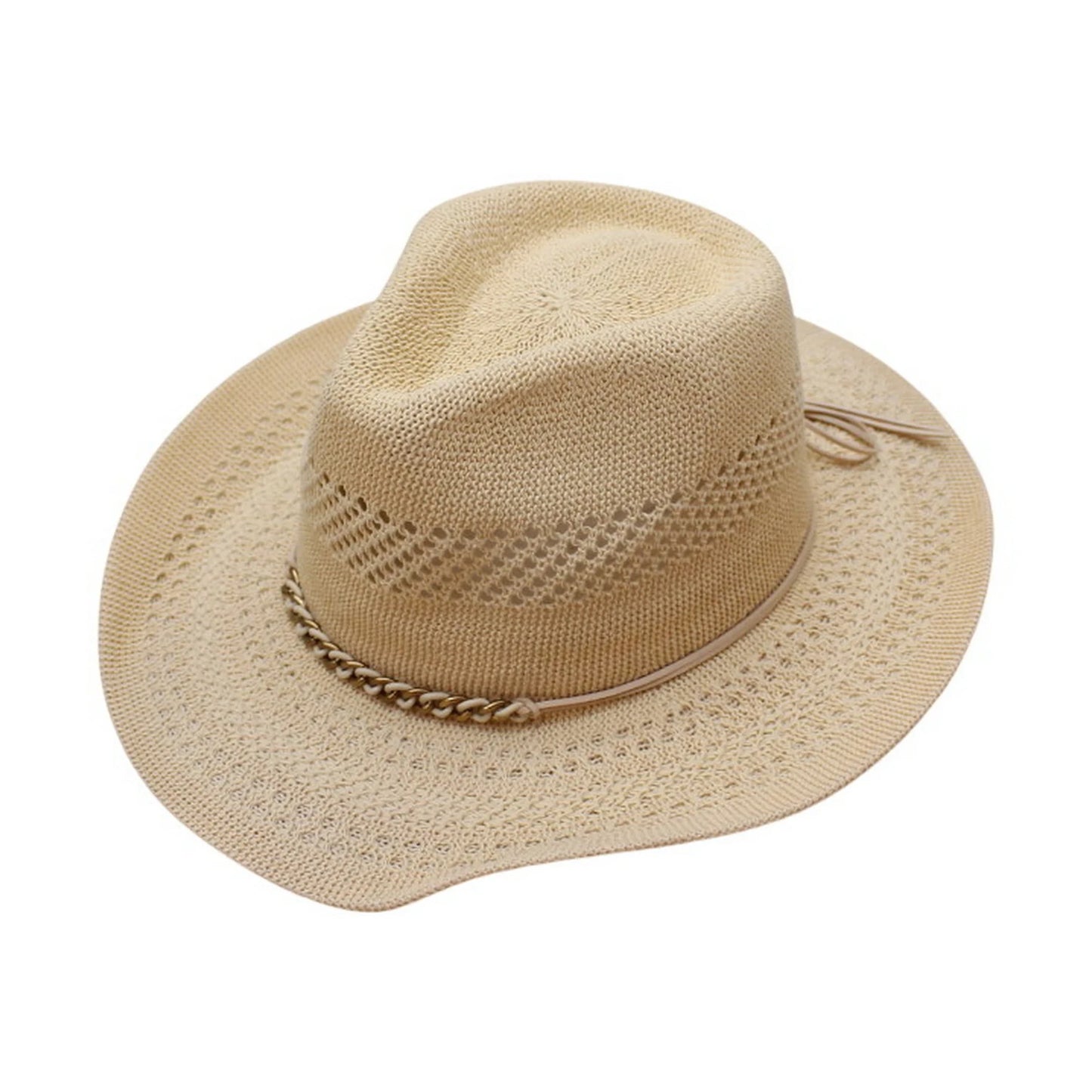 Straw Fedora Hat | Crochet Design with Gold & Silver Chain Accent – Natural Beige