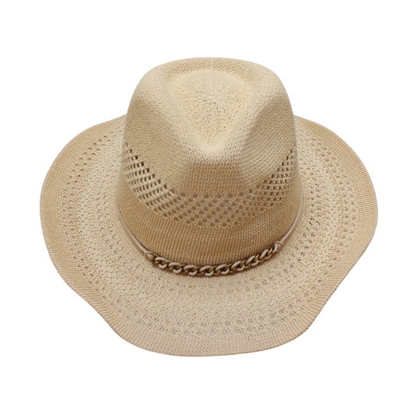 Straw Fedora Hat | Crochet Design with Gold & Silver Chain Accent – Natural Beige