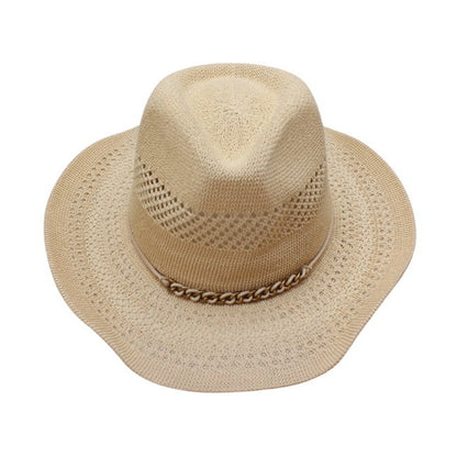Straw Fedora Hat | Crochet Design with Gold & Silver Chain Accent – Natural Beige