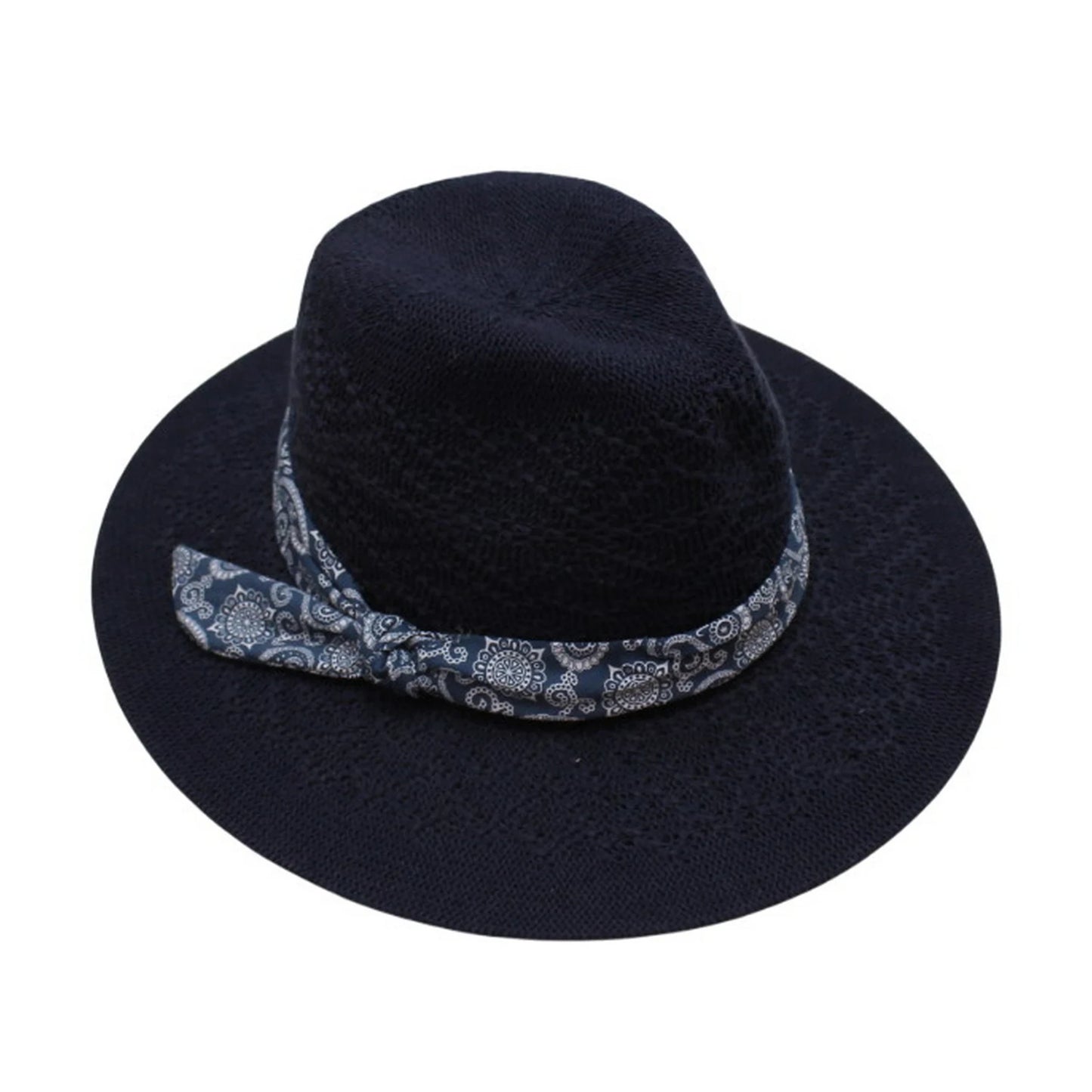 Fashion Hat | Paisley Band with Side Knot Straw Fedora – Navy Blue