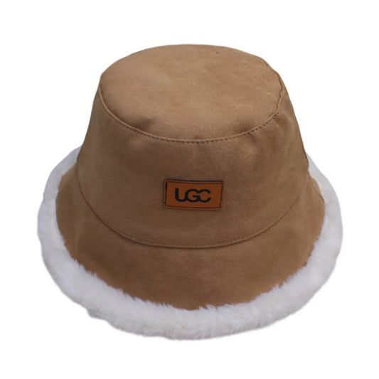 Fashion Hat | Women's Suede-Like Faux Fur Trim Bucket Hat with Logo – Camel Brown