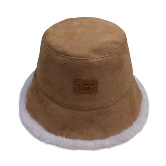 Fashion Hat | Women's Suede-Like Faux Fur Trim Bucket Hat with Leather Logo Patch – Dark Camel Brown