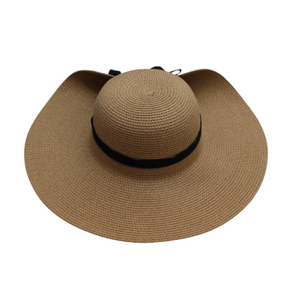 Wide Brim Straw Hat | Back Tie Bow Design – Brown