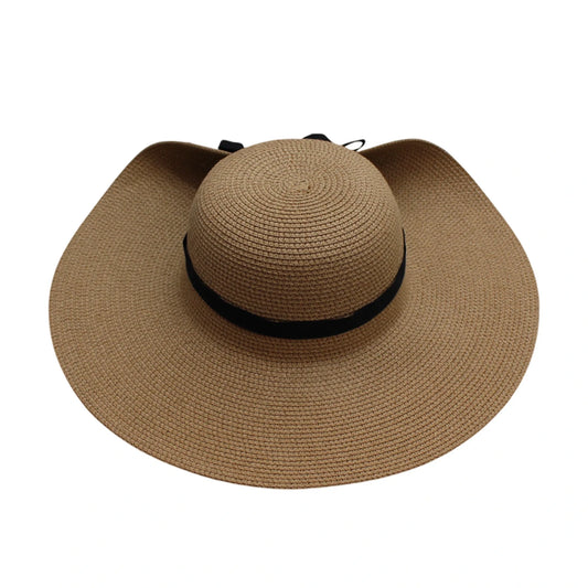 Wide Brim Straw Hat | Back Tie Bow Design – Brown