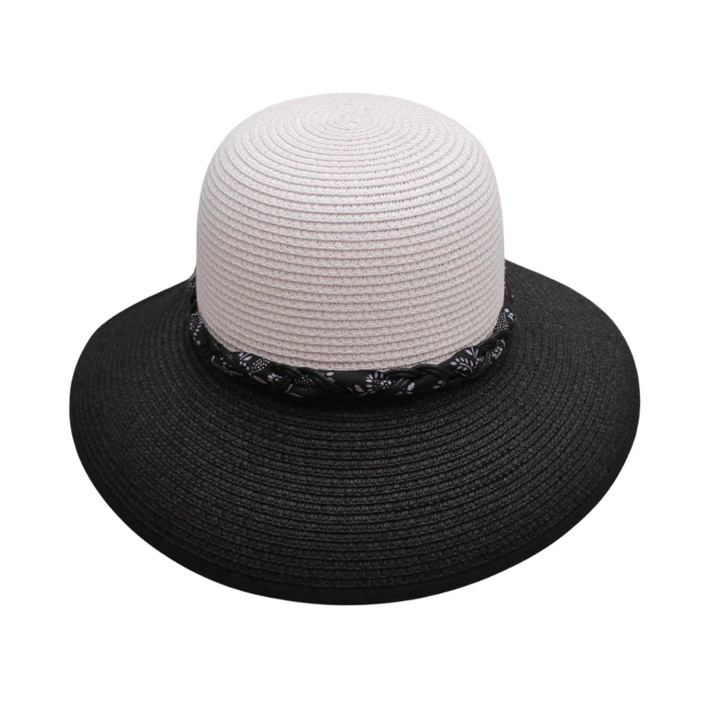Short Brim Straw Hat | Back Cutout Design with Paisley Band – White & Black