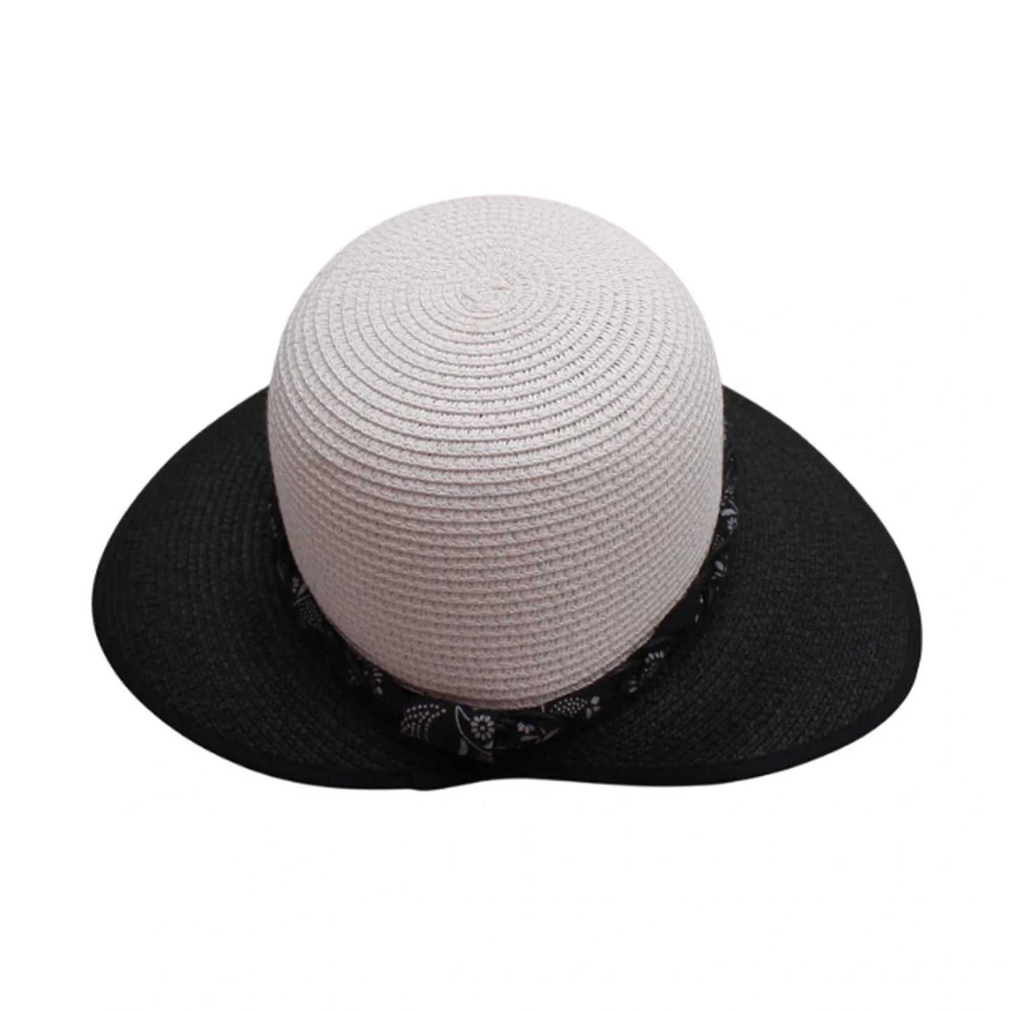 Short Brim Straw Hat | Back Cutout Design with Paisley Band – White & Black