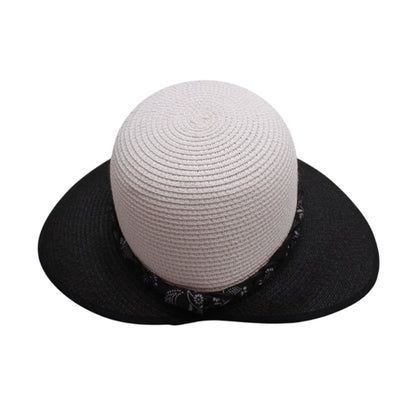 Short Brim Straw Hat | Back Cutout Design with Paisley Band – White & Black