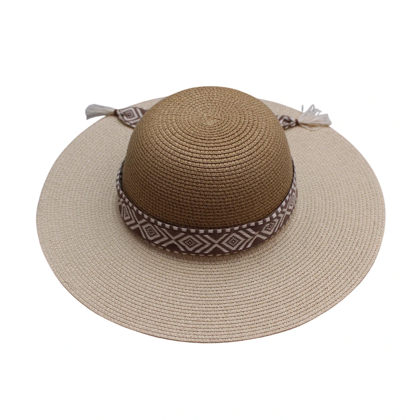 Short Brim Straw Hat | Aztec Band with Tassel Tie Design – Camel & Beige