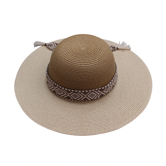 Short Brim Straw Hat | Aztec Band with Tassel Tie Design – Camel & Beige