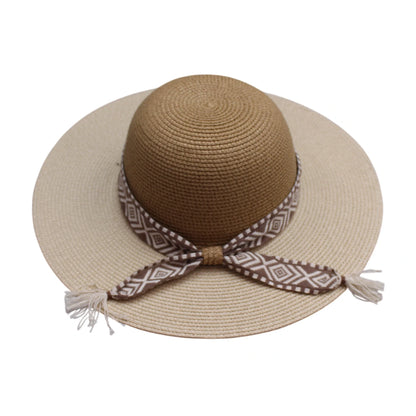 Short Brim Straw Hat | Aztec Band with Tassel Tie Design – Camel & Beige